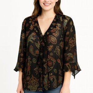 Chico's Top Size XL Silk Sheer 3/4 Sleeve Black Button Front Artsy Boho Eclectic